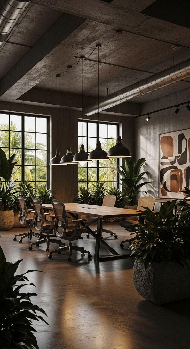 Plant-filled industrial studio with pendant lighting
